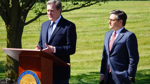 House Intelligence Committee chairman Rep. Mike Turner (R-Ohio), left, and Speaker of the House Mike Johnson (R-La.) in Dayton, Ohio on May 31, 2024. Source: X/@RepMikeTurner.