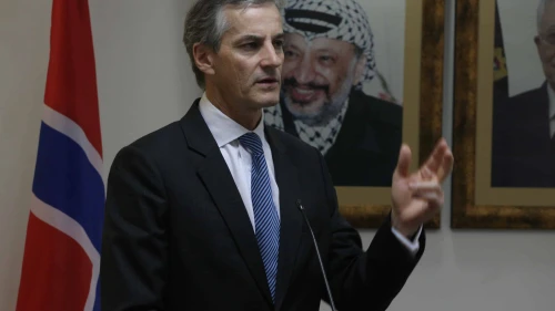 Then-Norwegian Foreign Minister Jonas Gahr Støre speaks during a press in the Samaria city of Ramallah, Jan. 12, 2011. Photo by Issam Rimawi/Flash90.