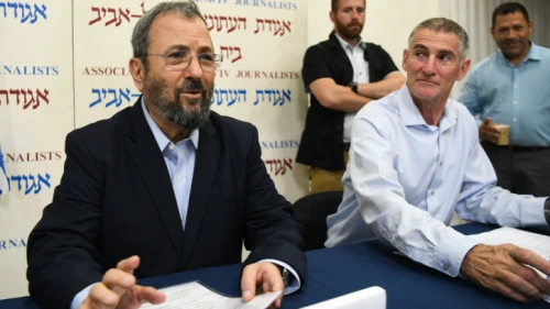 Former prime minister Ehud Barak and retired Maj. Gen. Yair Golan attend a press conference in Tel Aviv on June 26, 2019. Photo by Flash90.