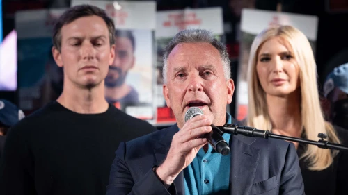 U.S. Mideast envoy Steve Witkoff speaks at the celebretory rally at Hostages Square in Tel Aviv, Oct. 11, 2025. Photo by Chaim Goldberg/Flash90.