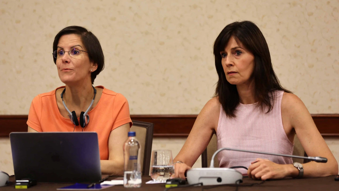 Reem Alsalem, U.N. special rapporteur on violence against women, its causes and consequences, and U.N. Human Rights Officer Orlagh McCann address a press conference in Ankara, where Alsalem shared preliminary findings from her visit to Turkey and urged the Turkish government to reconsider its decision of withdrawal from Istanbul Convention, a treaty on preventing and fighting violence against women, on July 27, 2022. Photo by Adem Altan/AFP via Getty Images.