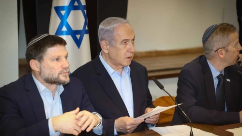 Israeli Prime Minister Benjamin Netanyahu and Israeli Finance Minister Bezalel Smotrich (left) attend a Cabinet meeting at the Kirya military headquarters in Tel Aviv, Jan. 7, 2024. Photo by Yariv Katz/POOL.