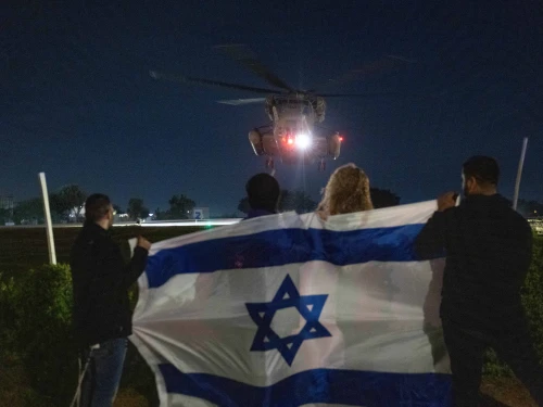 An Israeli Air Force helicopter with freed Israeli hostages arrives at Sheba Medical Center in Ramat Gan, on Nov. 28, 2023. Photo by Chaim Goldberg/Flash90.