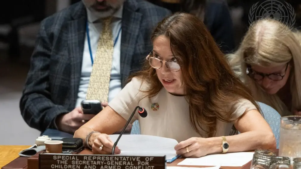 Vanessa Frazier, the U.N. special representative for children and armed conflict, briefs the U.N. Security Council meeting on reasserting international legal protections for children in armed conflict, at the U.N. headquarters in New York City, June 24, 2026. Credit: Eskinder Debebe/UN Photo.