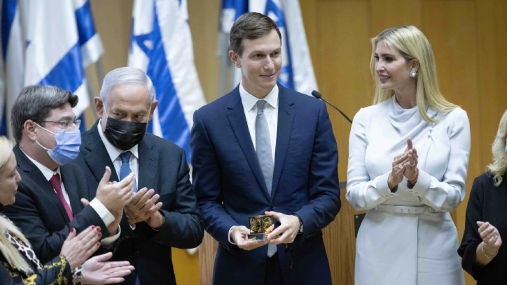 Jared Kushner, his wife, Ivanka Trump, then-opposition leader Benjamin Netanyahu and MK Ofir Akunis at a Knesset event celebrating the first anniversary of the Abraham Accords, Oct. 11, 2021. Photo by Yonatan Sindel/Flash90.