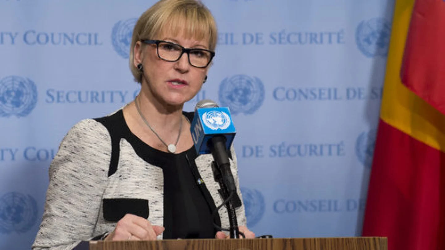 Swedish Foreign Minister Margot Wallström addresses reporters at the U.N. Security Council, Jan. 10, 2017. Credit: U.N. Photo/Mark Garten.