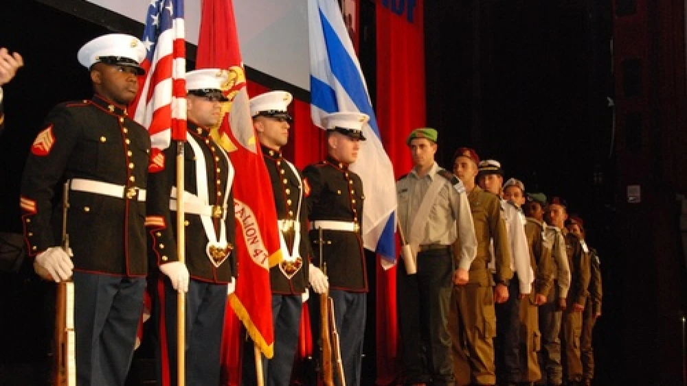 The honor guards of the U.S. Marines and the Israel Defense Forces present colors at the Friends of the Israel Defense Forces 2012 Gala in New York City, March 12, 2012. Credit: Maxine Dovere.