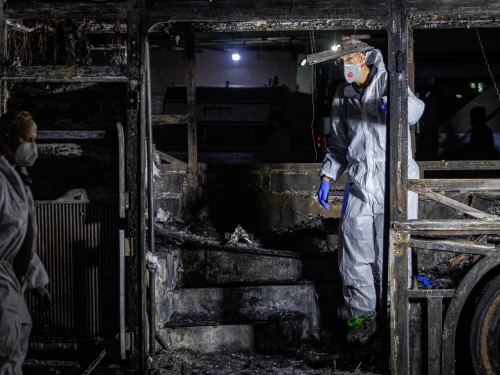 Israeli security forces at the scene of a bus bombing, in Bat Yam, central Israel, Feb. 20, 2025. Photo by Chaim Goldberg/Flash90.