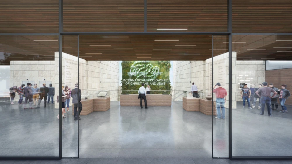 An artistic rendering of the lobby of the new headquarters of the International Fellowship of Christians and Jews, called Global Fellowship House, in Jerusalem. Credit: Courtesy.