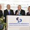 From left: Conference of Presidents CEO William Daroff, Israeli Prime Minister Benjamin Netanyahu, then-executive vice chairman Malcolm Hoenlein and then-chairman Arthur Stark speaking at the 2020 Conference of Presidents Summit in Jerusalem. Source: Conference of Presidents/X.