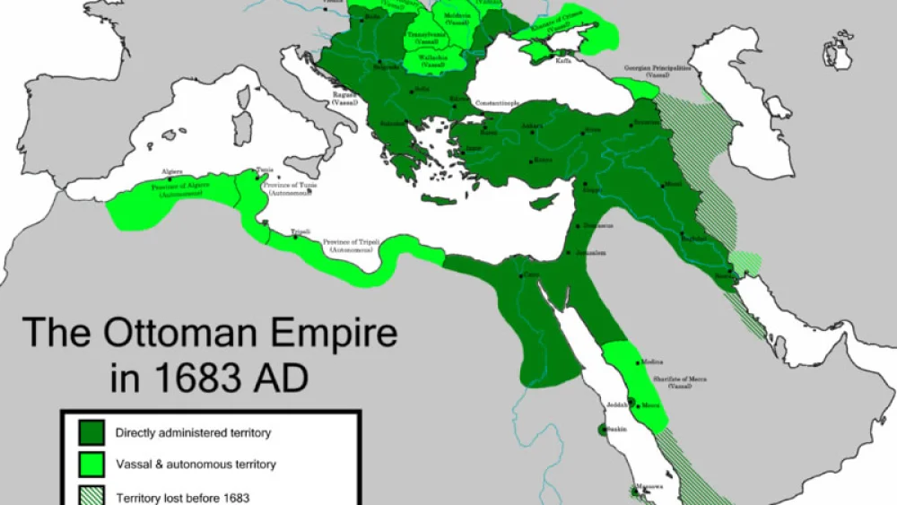A depiction of the Ottoman Empire and its dependencies in 1683, with indication of territory held prior to that date. Credit: Wikimedia Commons.