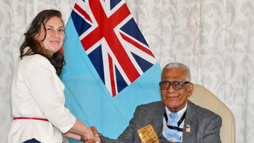Maya Y. Yaron, Israel’s ambassador to Fiji, presents her credentials to Fijian President Ratu Naiqama Lalabalavu in Suva, Fiji, on May 19, 2026. Source: @IsraelMFA/X.