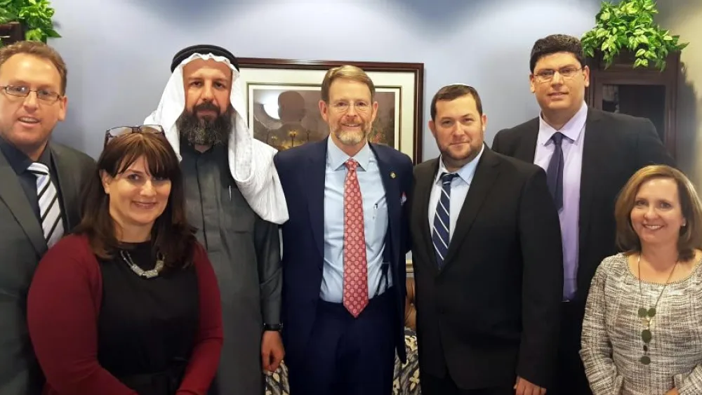 From left: Chen Benloulou, Sarah Paley, Sheikh Nasr Abu Khalil Al-Tamimi, Tony Perkins, Mayor Yossi Dagan, Arnon Klein and Ruth Lieberman. Credit: Shomron Municipality.
