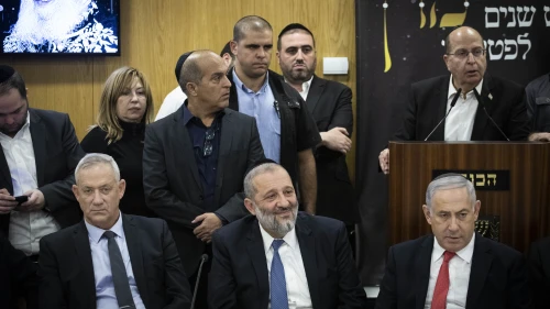 Shas Party chairman and Minister of Interior Affairs Aryeh Deri, Israeli Prime Minister Benjamin Netanyahu, and Blue and White Party leader Benny Gantz at a ceremony marking six years to the death of Rabbi Ovadia Yosef, the late religious spiritual leader of Israel's Sephardic Jews, at the Knesset the Israeli parliament in Jerusalem on Nov. 4, 2019. Photo by Hadas Parush/Flash90.