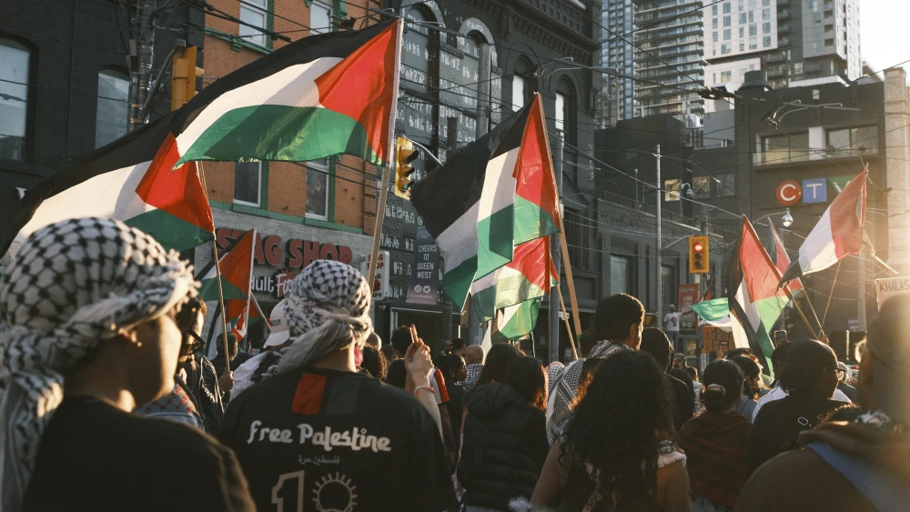 Hundreds of anti-Israel activists march in Toronto, Canada, Oct. 20, 2024. Photo by Mohammad Javad Moghaddasi/Middle East Images/AFP via Getty Images.