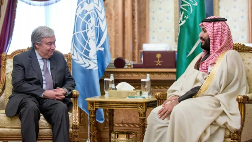 U.N. Secretary-General António Guterres (left) meets with Crown Prince of Saudi Arabia Mohammed bin Salman in Riyadh on Feb. 12, 2018. Credit: U.N./Mohammed Al Deghaishim.
