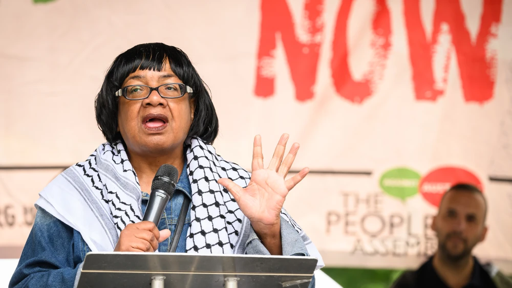 Labour Party MP for Hackney North and Stoke Newington Diane Abbott speaks during a protest over benefits cuts organised by People's Assembly on June 7, 2025 in London, England. Photo by Leon Neal/Getty Images.
