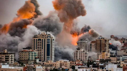 A ball of fire and smoke rises during an Israeli airstrikes in the Gaza Strip, on October 9, 2023. Photo by Atia Mohammed/Flash90