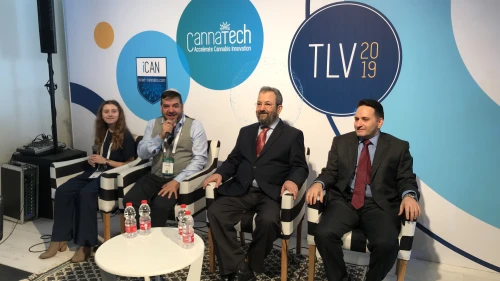 From left: Rylie Maedler, a 13-year-old from Delaware who has used medical cannabis to successfully treat bone tumors; Saul Kaye, CEO and founder of CannaTech and iCAN: Israel-Cannabis; former Israeli Prime Minister Ehud Barak, now chairman of the Israeli medical-cannabis company CANNDOC/Intercure; and Yona Levy, CEO of Alvit Pharma, one of Israel’s leading cannabis companies. Photo by Israel Kasnett.