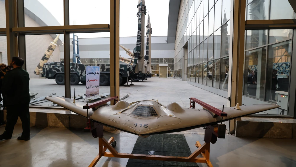 A new Shahed-161 drone is displayed during an exhibition showcasing missile and drone achievements in Tehran on November 12, 2025. Photo by Atta Kenare/AFP via Getty Images.