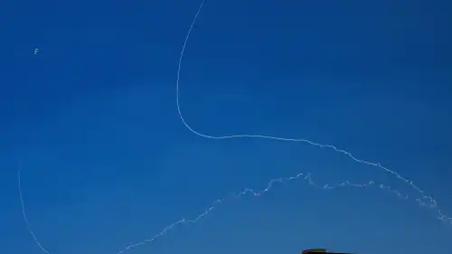 An anti-missile system fires interception missiles as rockets fired from Lebanon, near the northern Israeli city of Tzfat, early on Oct. 19, 2024. Photo by Ayal Margolin/Flash90.