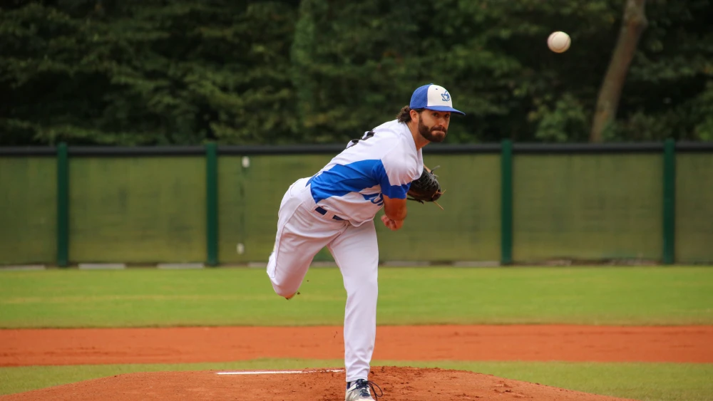 A Team Israel pitcher in its victory against France in the European Championships. Credit: Margo Sugarman.