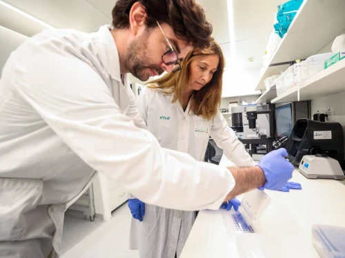 Dr. Alessio Nahmad, director of Biology Research at Samueli Integrative Cancer Pioneering Institute, and Dr. Michal Besser, CTO at the Samueli Institute. Photo by Shlomi Yosef.