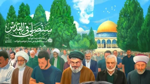 A painting posted by Iran’s Supreme Leader Khamenei showing “Jerusalem’s liberators” on the Id al-Fitr holiday. Hamas leader Ismael Haniyeh is in the first row, second from right, between Hezbollah leader Hassan Nasrallah and, presumably, Palestinian Imam Ekrima Sabri, the former grand mufti of Jerusalem. Behind Nasrallah is Ziad Nakhala, head of Palestinian Islamic Jihad. They stand beneath a heavenly cloud in the shape of Iranian general Qassem Soleimani, killed by the United States in January 2020. Source: Arabic media.