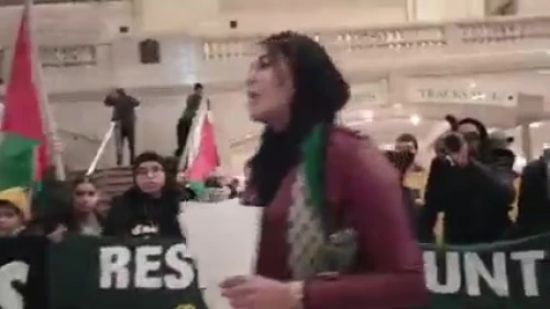 Anti-Israel organizations Samidoun and Within Our Lifetime hold a "Day of Rage" in NYC's Grand Central Station calling for the release of PFLP leader Ahmad Sa'adat, Jan. 21, 2023. Credit: MEMRI.