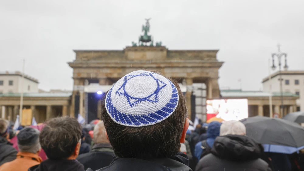 A young man wears a kippah during a demonstration against anti-Semitism on December 10, 2023 at Brandenburger Gate in Berlin, Germany. Photo by MICHELE TANTUSSI/AFP via Getty Images.