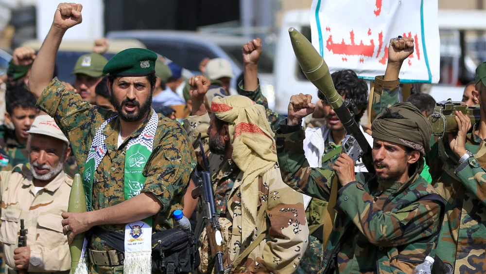 Fighters loyal to the Houthi movement shout slogans during a recruitment rally in Sanaa on Sept. 10, 2026. Photo by Mohammed Huwais/AFP via Getty Images.