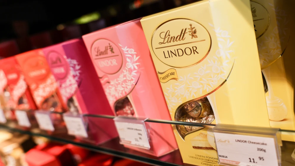 Lindt chocolates are seen in a store display in Basel, Switzerland, on April 11, 2025. Photo by Sedat Suna/Getty Images.