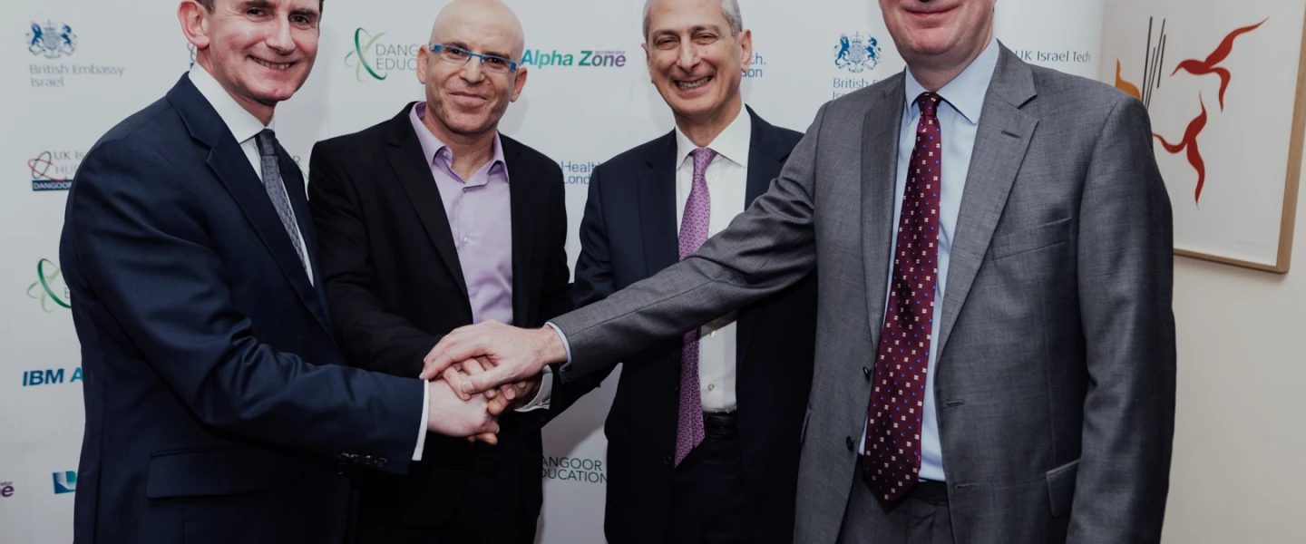 (From right to left) British Ambassador to Israel David Quarrey, David Dangoor, the Exilarch’s Foundation, IBM Israel’s CTO Uri Hayik and UCL Partners Managing Director Charlie Davie at the UK-Israel Dangoor Health Initiative launch event. Credit: Ben Kelmer.