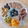 Dried fruit and nuts on a platter, traditionally eaten on Tu B'Shevat. Credit: Gilabrand via Wikimedia Commons.