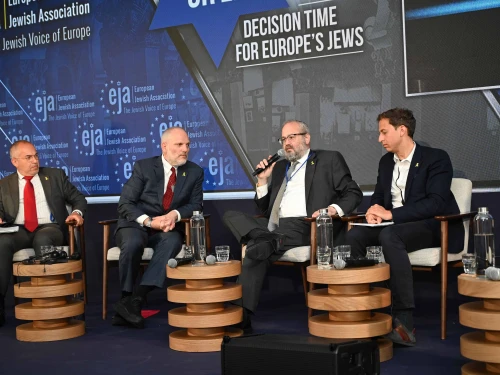 Raymond Forado, left, and other panelists discuss antisemitism in Madrid, Spain on May 13, 2025. Photo by Yoav Dudkevitch.