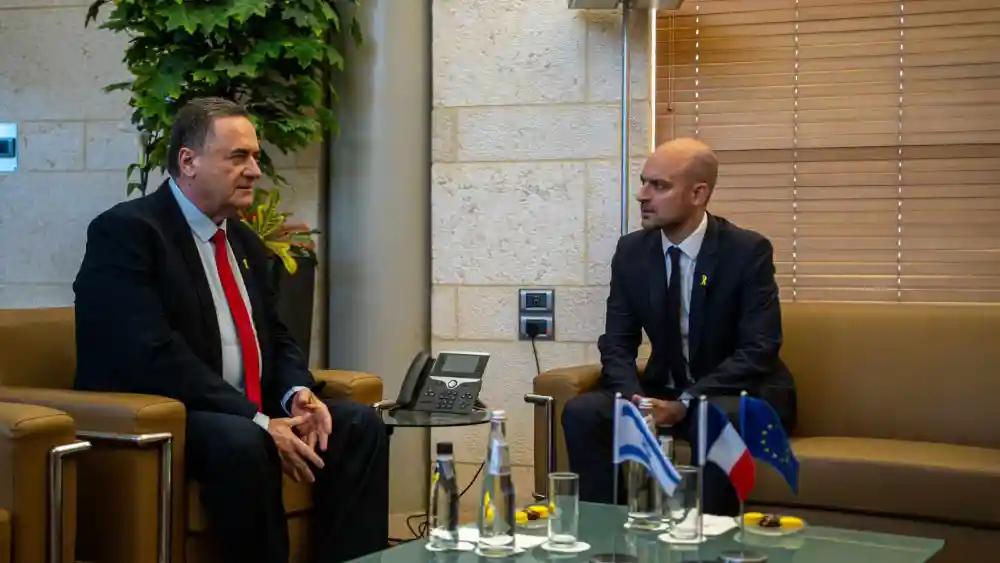 Minister for Europe and Foreign Affairs Jean-Noël Barrot, right, meets with his Israeli counterpart, Israel Katz. in Jerusalem, Oct. 7, 2024. Credit: Ministry for Europe and Foreign Affairs.