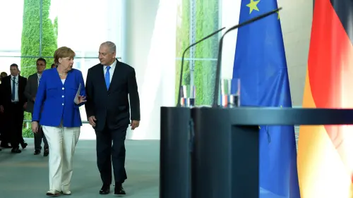 Israeli Prime Minister Benjamin Netanyahu and German Chancellor Angela Merkel at a joint press conference in Berlin on June 4, 2018. Photo by Haim Zach/GPO.