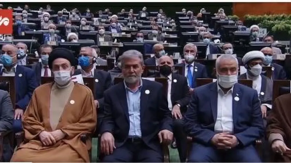 Guests at the swearing-in ceremony of Iranian President Ebrahim Raisi. The front row includes representatives of terrorist organizations, such as Naim Qassem, deputy head of Hezbollah, Hamas Politburo chief Ismail Haniyeh and Ziad Nakhla, leader of Palestinian Islamic Jihad. Aug. 5, 2021. Source: X.