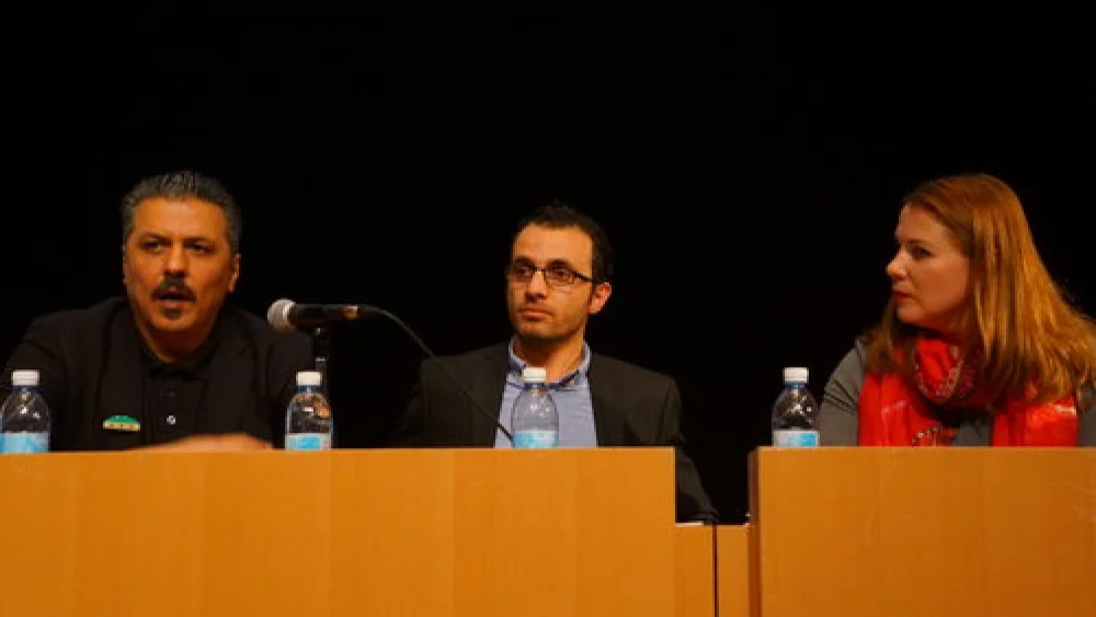 From left to right, at Hebrew University's Truman Institute Jan. 17: Syrian opposition member Issam Zeitoun, who lives in the village of Bet Jan near the border with Israel; Sirwan Kajjo, a Syrian-Kurdish author; and Member of Knesset Ksenia Svetlova (Zionist Union). Credit: Reuven Remez/Truman Institute.