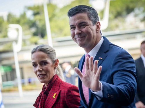 President Santiago Peña of Paraguay and his wife, Leticia Ocampos, arrive for a welcoming ceremony at the Knesset in Jerusalem on Dec. 11, 2024. Photo by Yonatan Sindel/Flash90.