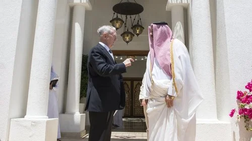 U.S. Secretary of Defense James Mattis (left) meets with Qatar’s Emir Sheikh Tamim bin Hamad Al Thani at the Sea Palace in Doha, April 22, 2017. Credit: U.S. Air Force Tech. Sgt. Brigitte N. Brantley/Department of Defense.