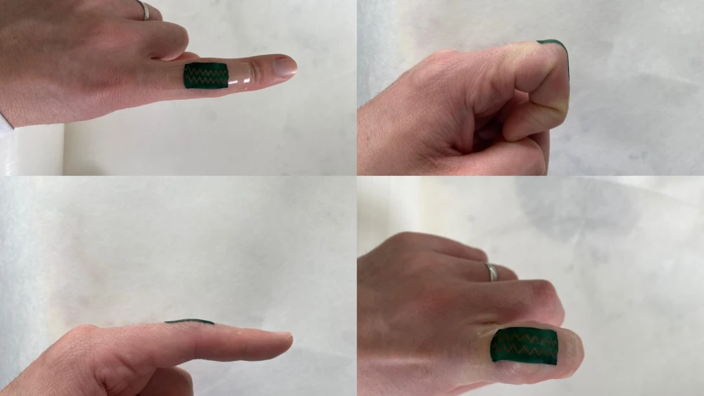 Pictured is an electronic skin capable of recognizing the range of movement human joints normally make, developed by Scientists at the Technion–Israel Institute of Technology. Credit: Office of the Technion Spokesperson.
