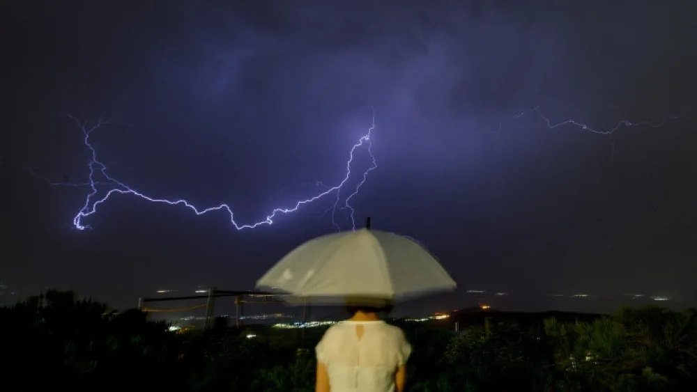 Lightning over the Naftali Mountains and the Hula Valley during a storm on June 3, 2023. Photo by Ayal Margolin/Flash90.