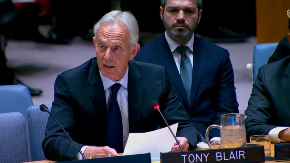 Tony Blair, a founding member of U.S. President Donald Trump's Board of Peace, addresses the U.N. Security Council, April 28, 2026. Credit: Tony Blair Institute for Global Change.