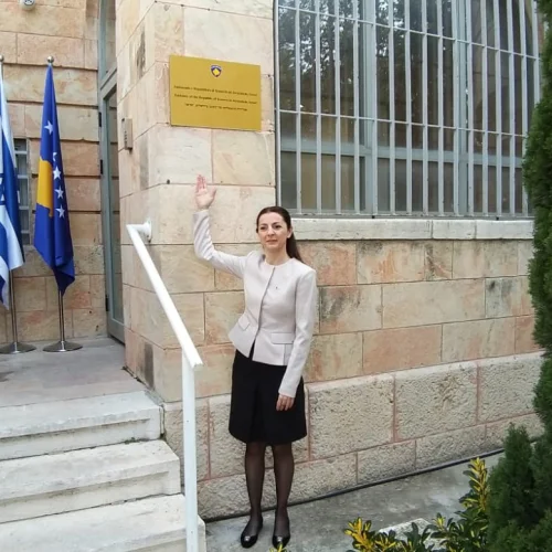 Ines Demiri, the chargé d’affaires of Kosovo, in front of the country's embassy in Jerusalem. Source: Ines Demiri/Twitter.