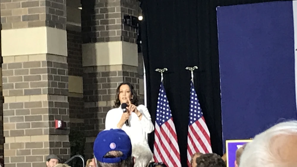 California Sen. Kamala Harris, a 2020 Democratic presidential candidate, addresses the crowd at the RiverCenter Adler Theatre in Davenport, Iowa. Credit: Jackson Richman/JNS.