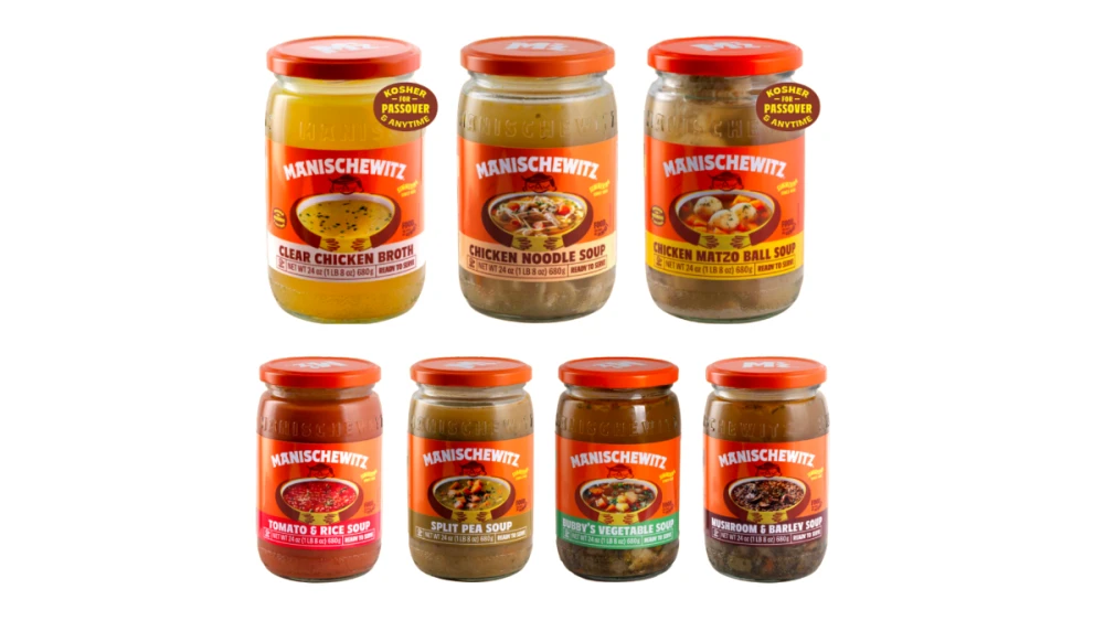 The new Manischewitz homemade soup line, including clear chicken broth, chicken matzo ball soup, chicken noodle, tomato and rice, split pea, Bubby’s vegetable and mushroom barley. Credit: Courtesy of Manischewitz.
