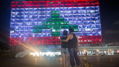 The Tel Aviv Municipality on Rabin Square features the Lebanese flag in solidarity with its northern neighbor, Aug. 5, 2020. Photo by Miriam Alster/Flash90.