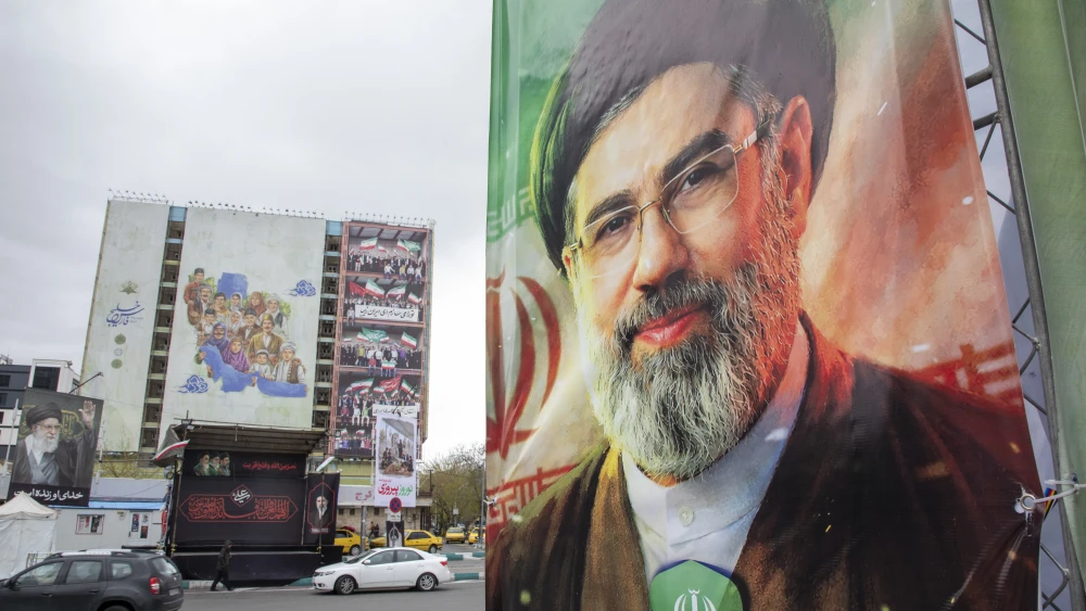 A poster features the new supreme leader, Mojtaba Khamenei, in Tehran on March 28, 2026. Photo by Majid Saeedi/Getty Images.