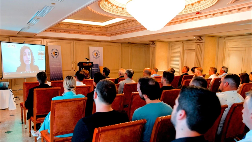 Israeli Ambassador Tammy Ziv speaks via Zoom at the inaugural event of the Kosovo-Israel Chamber of Commerce in the capital of Pristina on June 29, 2022. Credit: Courtesy.